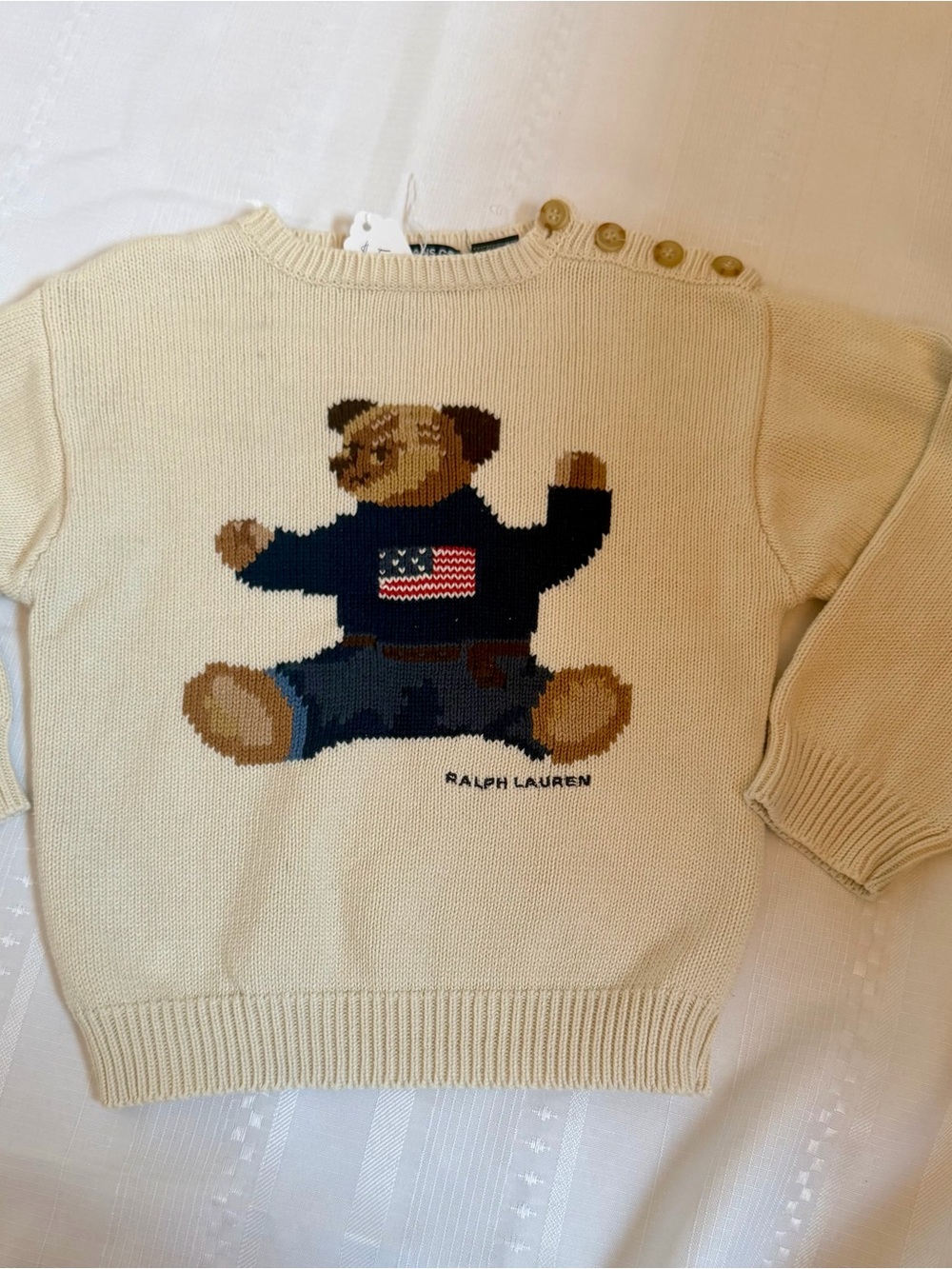 Ralph Lauren Cream Kids Bear Sweater with Navy Intarsia - Vintage - Handframed